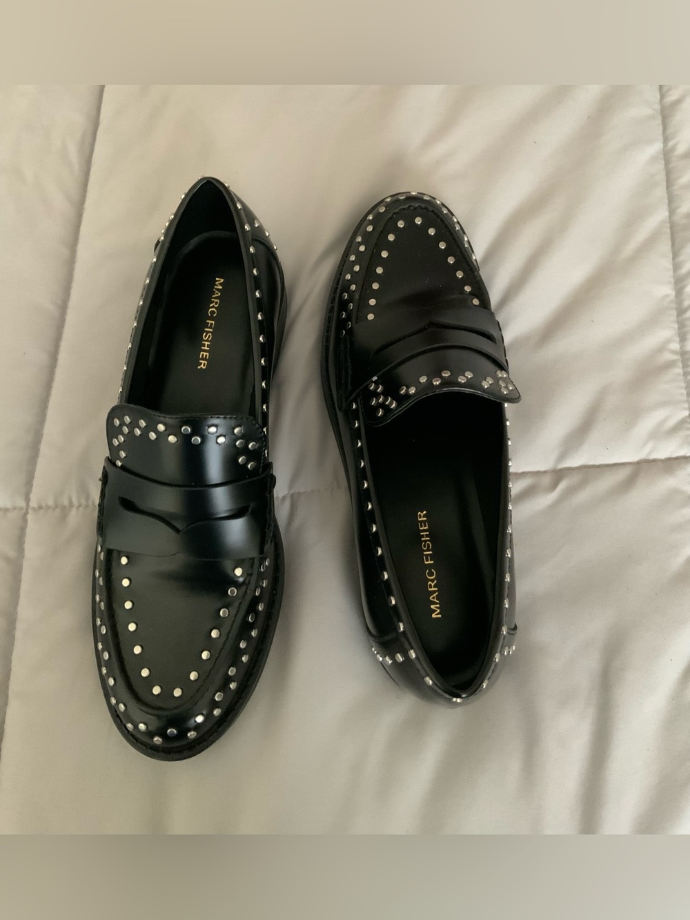 Marc Fisher Black Studded Leather Penny Loafers